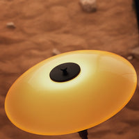 Amber disc lamp with a sleek black base, featuring a smooth, glossy finish and modern design.