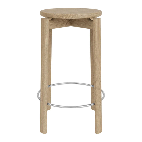 Natural wood bar stool with a light oak finish and sleek chrome footrest, showcasing a minimalist design.