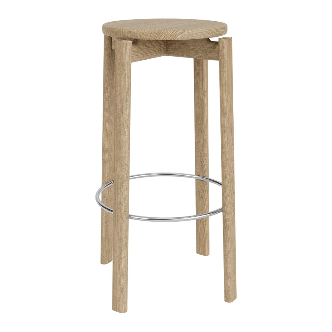 Natural wood bar stool with a simple design, featuring light oak color and a sleek chrome footrest.