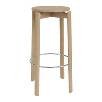 Natural wood bar stool with a simple design, featuring light oak color and a sleek chrome footrest.
