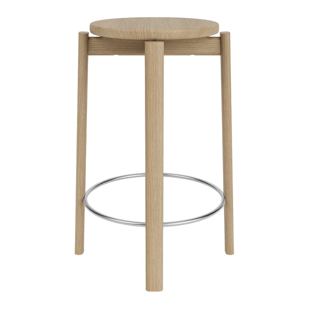Natural wood bar stool with a light oak finish and minimalist design featuring a simple circular seat and metal footrest.