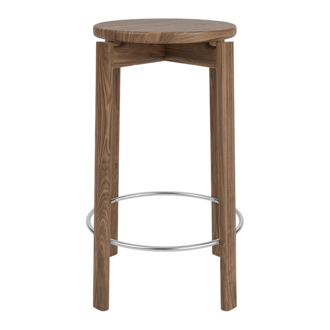 Natural wood bar stool with a warm walnut finish and a sleek chrome footrest, featuring a simple, smooth design.