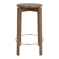 Natural wood bar stool with a warm walnut finish and a sleek chrome footrest, featuring a simple, smooth design.