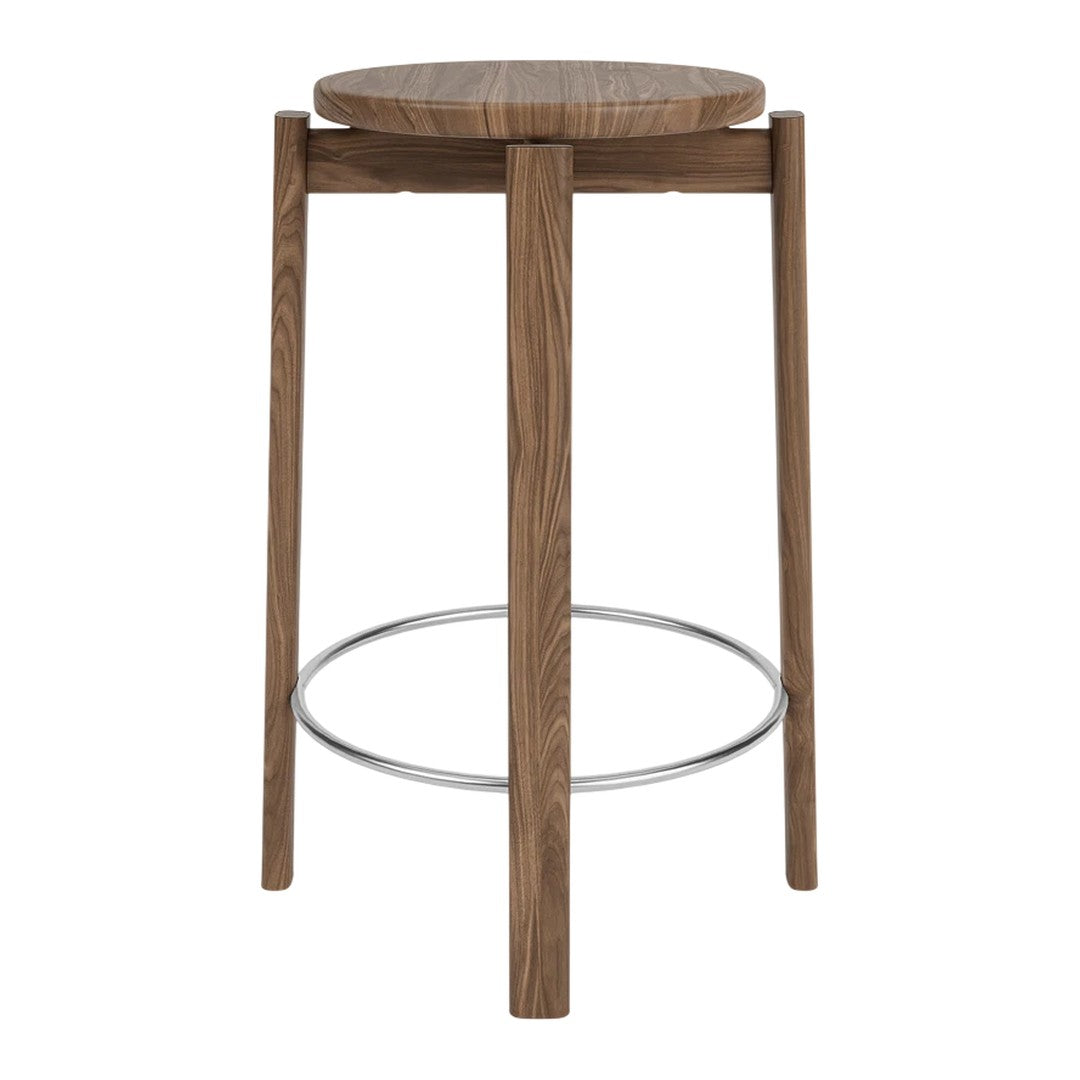 "Natural wood finish with sleek, minimalist design and silver footrest, perfect for modern decor."