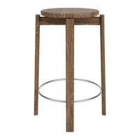 "Natural wood finish with sleek, minimalist design and silver footrest, perfect for modern decor."