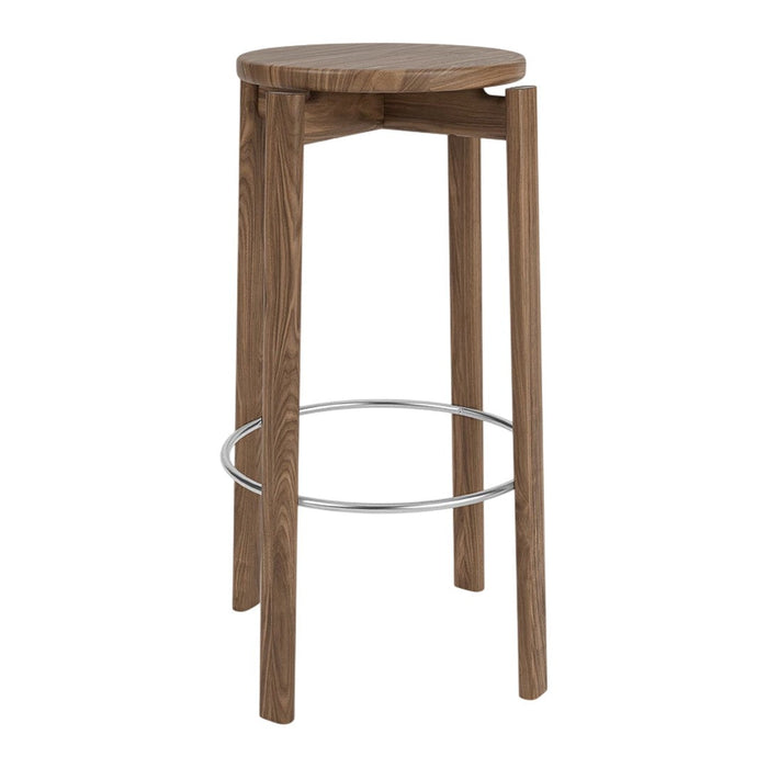 Round walnut bar stool with a sleek wooden finish and chrome footrest, featuring a simple, modern design.