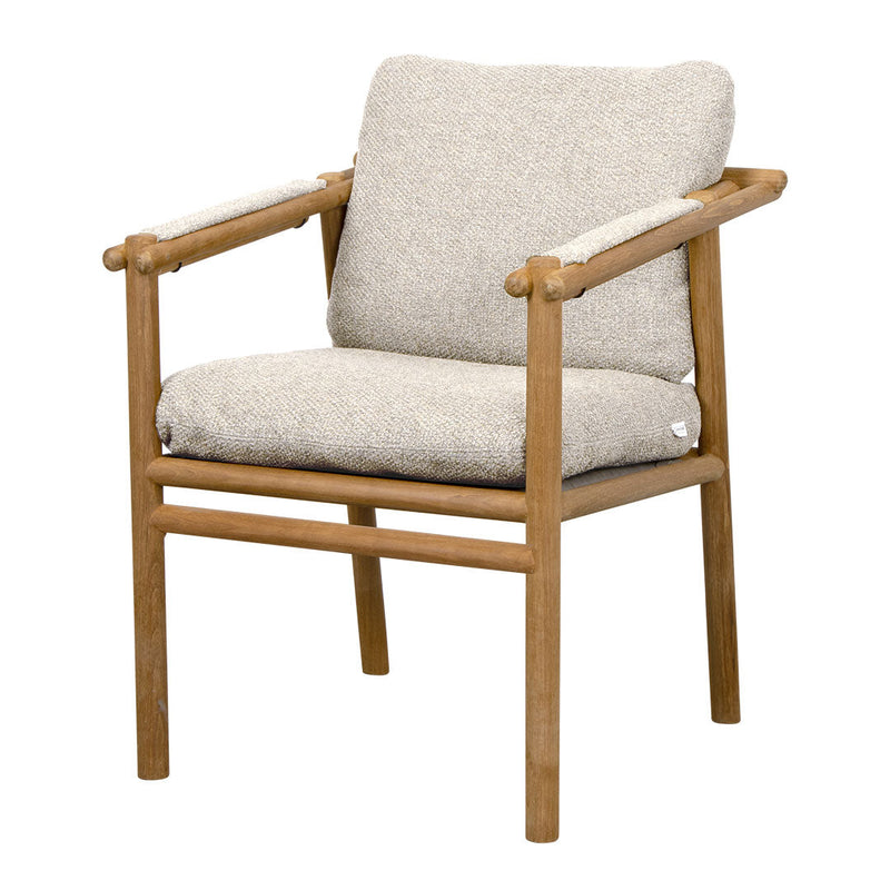Light beige upholstered chair with natural wood frame and minimalistic design, perfect for modern decor.