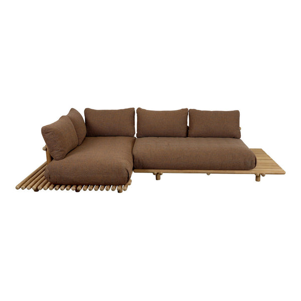 Brown sectional sofa with plush cushions and a wooden slatted base, perfect for modern outdoor or indoor spaces.