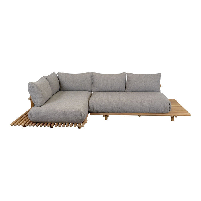 Gray fabric outdoor sectional sofa with natural wood slat base, featuring a modern and minimalistic design.