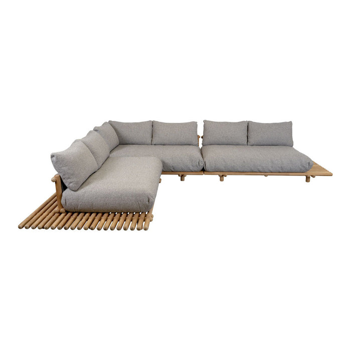 Gray cushion sectional sofa with bamboo slat base, modern design, perfect for outdoor or indoor decor.