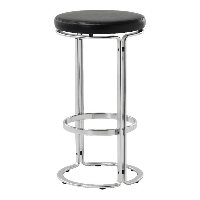 Black cushion bar stool with shiny chrome metal frame and minimalist design, ideal for modern interiors.