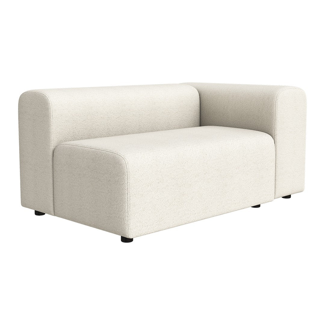 Minimalist white sofa with a smooth fabric texture and simple geometric design. Ideal for modern decor.
