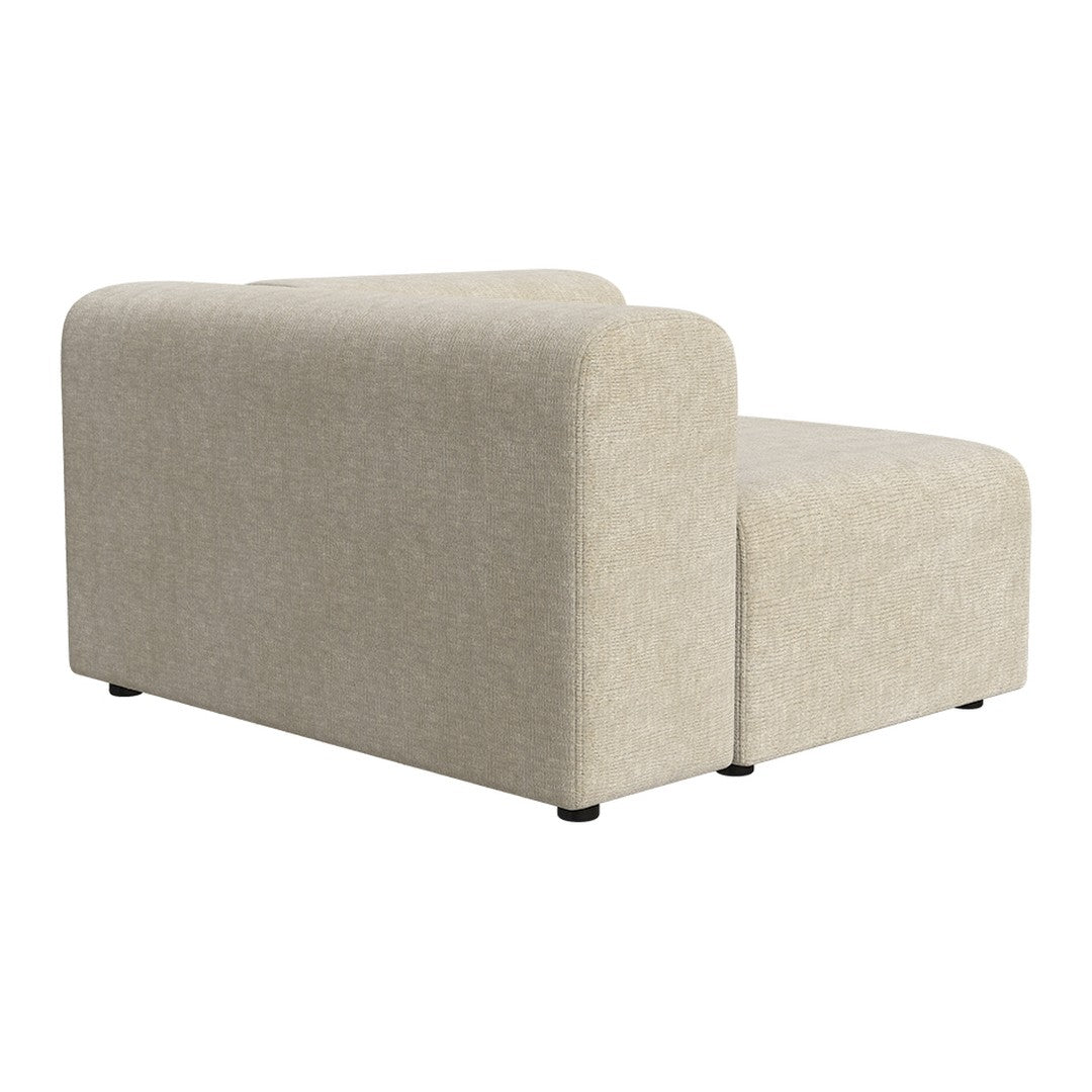 Beige upholstered sofa section with a subtle textured pattern and rounded corners, ideal for modern living spaces.