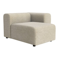 Beige modular sofa with a smooth texture and minimalist design, featuring rounded edges and subtle fabric patterns.