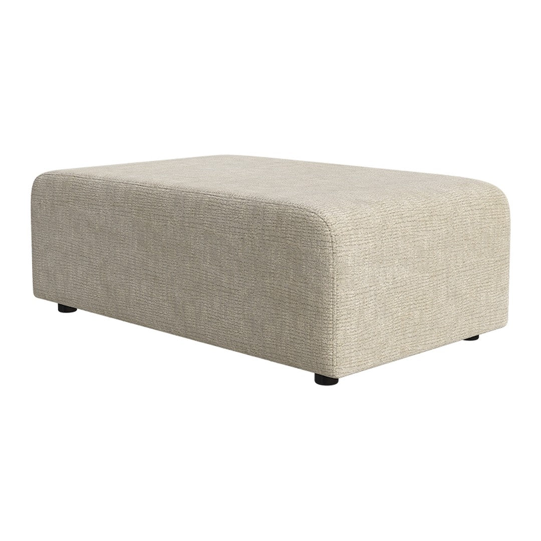 Beige upholstered ottoman with a textured fabric pattern and rounded edges, featuring black legs for stability.