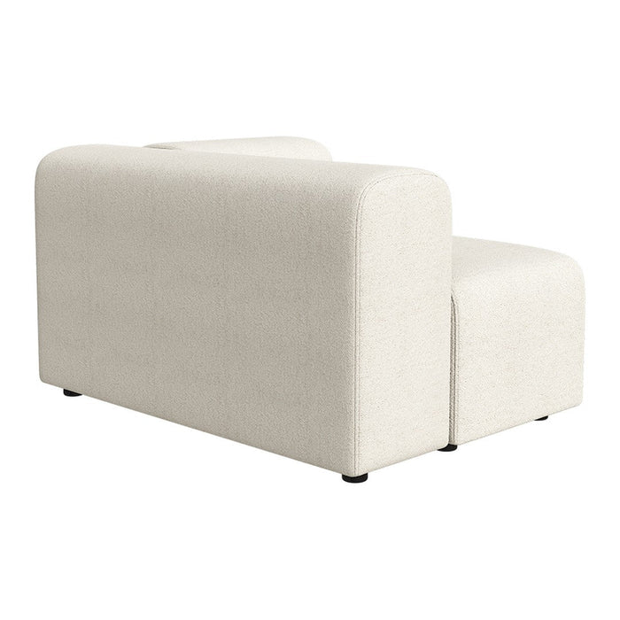 White upholstered modular sofa with smooth, rounded edges and a textured fabric finish.
