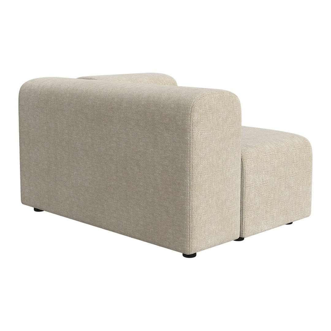 Beige fabric sofa with smooth, rounded edges; minimalist design and subtle texture for modern decor.