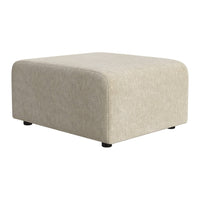Beige upholstered ottoman with soft, textured fabric and rounded edges. Perfect for modern interiors.