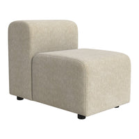 Beige upholstered accent chair with smooth, minimalist design and rounded edges, perfect for modern decor.