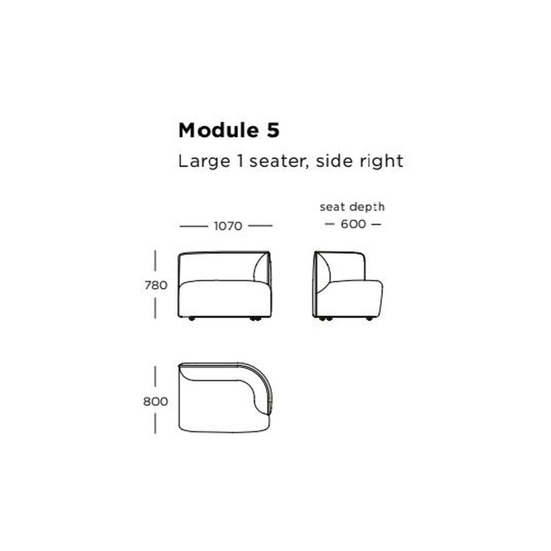 Large one-seater module in soft fabric, featuring a minimalist design with a smooth rounded pattern, available in neutral tones.