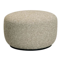 Round ottoman in soft beige fabric with subtle speckled pattern and contrasting black base.