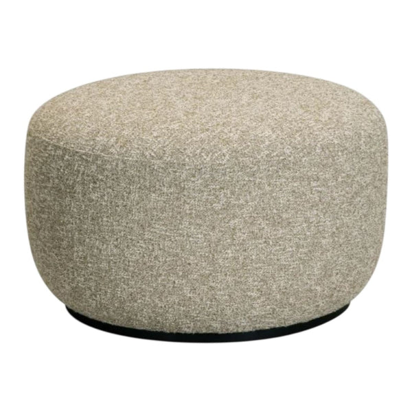 Round ottoman in soft beige fabric with subtle speckled pattern and contrasting black base.