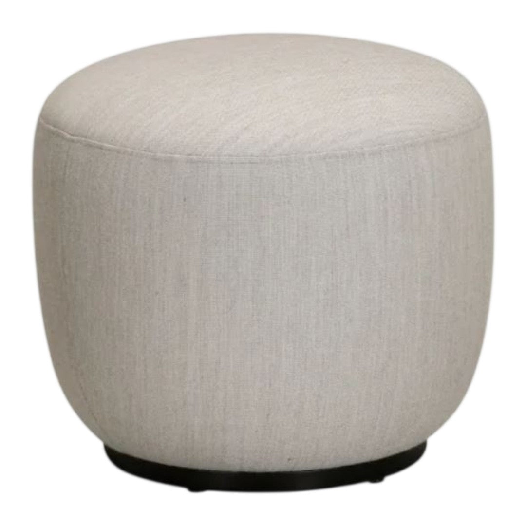 Light gray textured pouf ottoman with a round shape and dark base, perfect for modern decor.