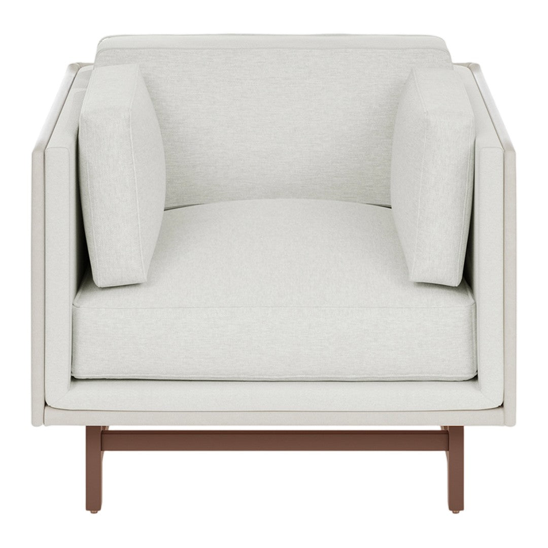Modern light gray armchair with two matching cushions and a sleek wooden base.