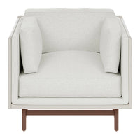 Modern light gray armchair with two matching cushions and a sleek wooden base.
