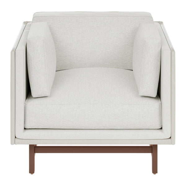 Modern light gray armchair with two matching cushions and a sleek wooden base.