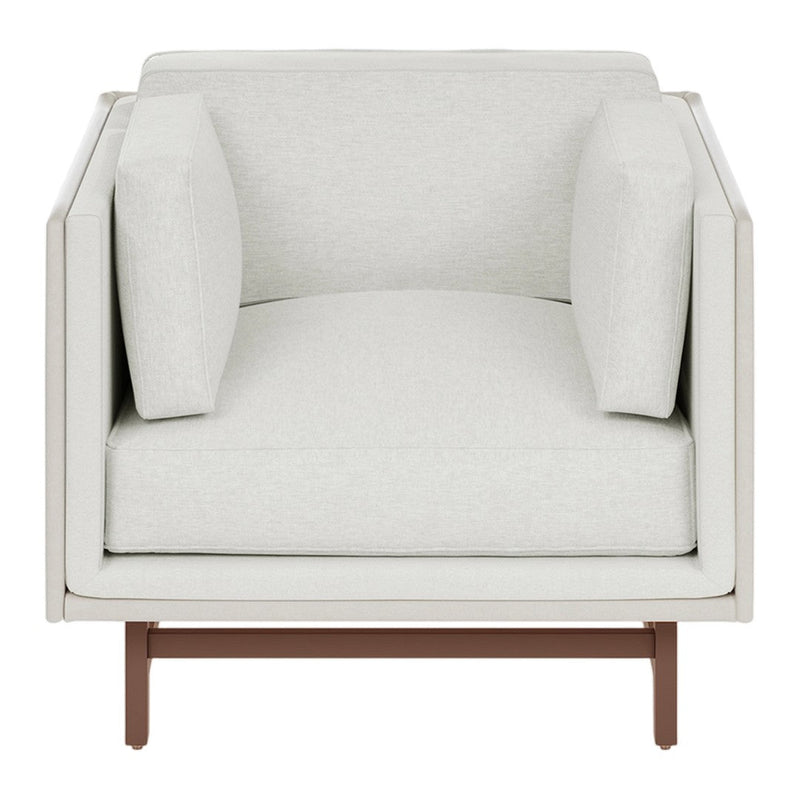 Modern light gray armchair with two matching cushions and a sleek wooden base.