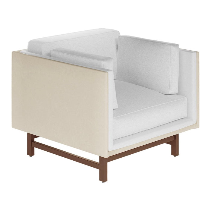 Beige and white upholstered armchair with a minimalist design and a brown wooden base. 