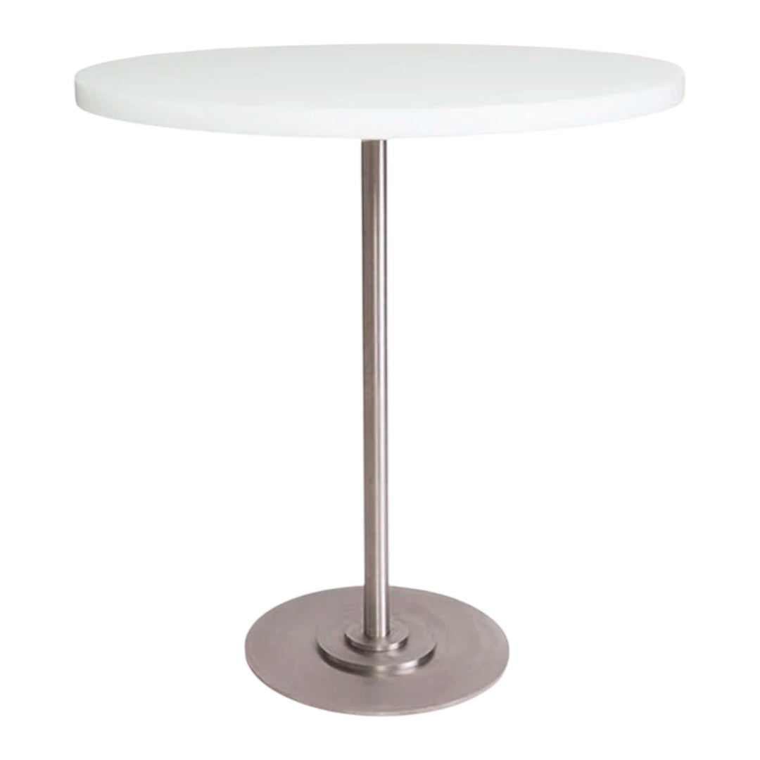 Minimalist round white tabletop with a sleek silver metal base. Ideal for modern decor.