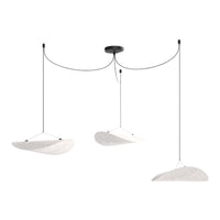 Modern pendant light with three white shades and black ceiling mount, featuring minimalist design and soft curves.