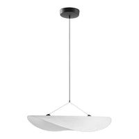 Sleek modern pendant light with a glossy white shade and minimal black accents, featuring a smooth, streamlined design.