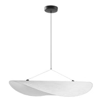 Sleek white pendant lamp with subtle wave pattern, featuring a black ceiling mount and transparent hanging wires.