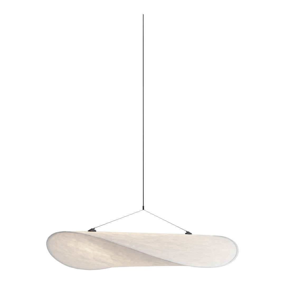 Modern white pendant light with a smooth, curved design and subtle textures. Elegant and minimalist aesthetic.