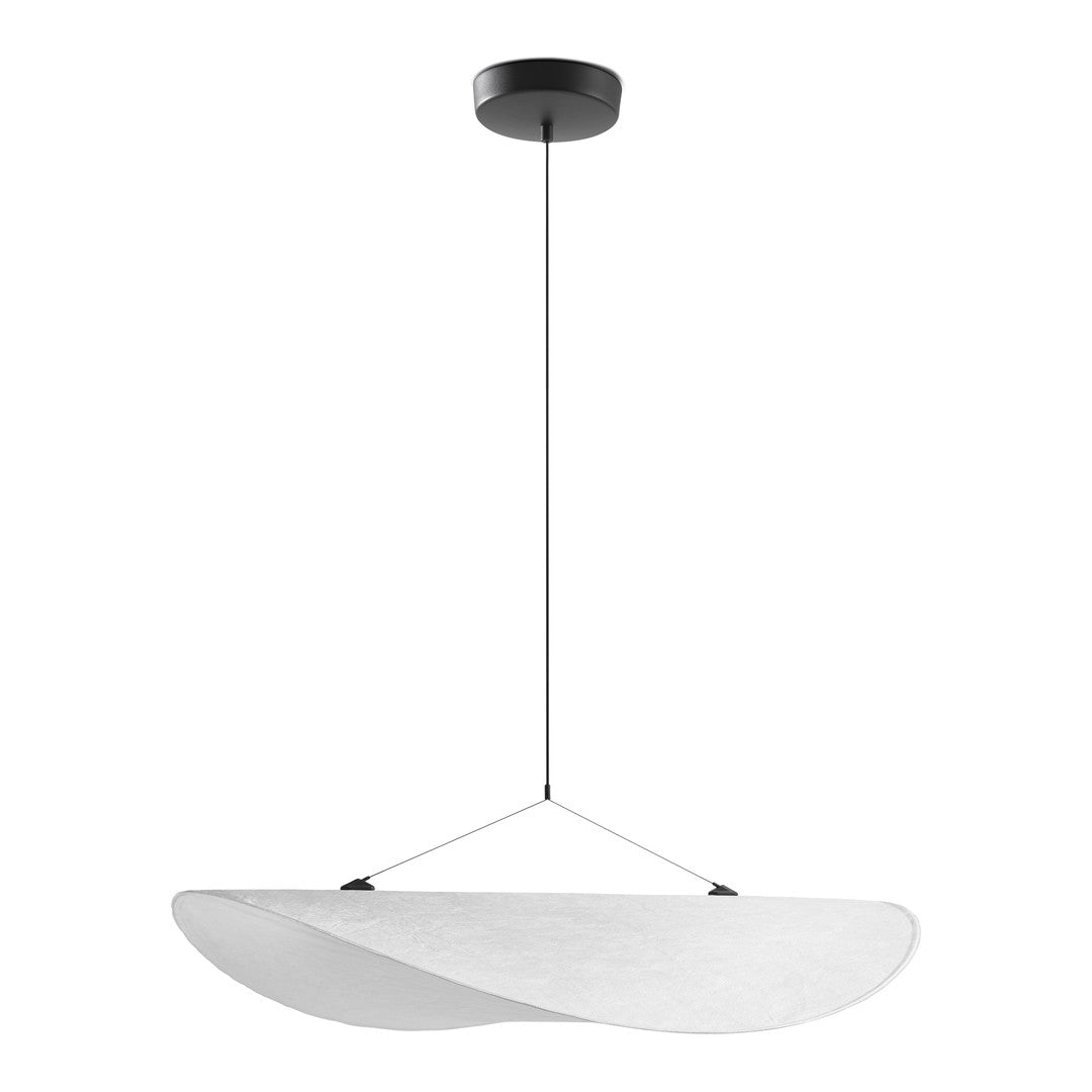 Sleek white pendant lamp with smooth, curved design and black ceiling mount, showcasing a modern minimalist aesthetic.