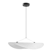 Sleek white pendant lamp with smooth, curved design and black ceiling mount, showcasing a modern minimalist aesthetic.