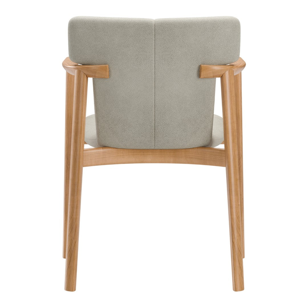 Gray upholstered chair with wooden arms and back, featuring a modern, minimalist design.