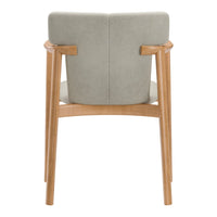Gray upholstered chair with wooden arms and back, featuring a modern, minimalist design.