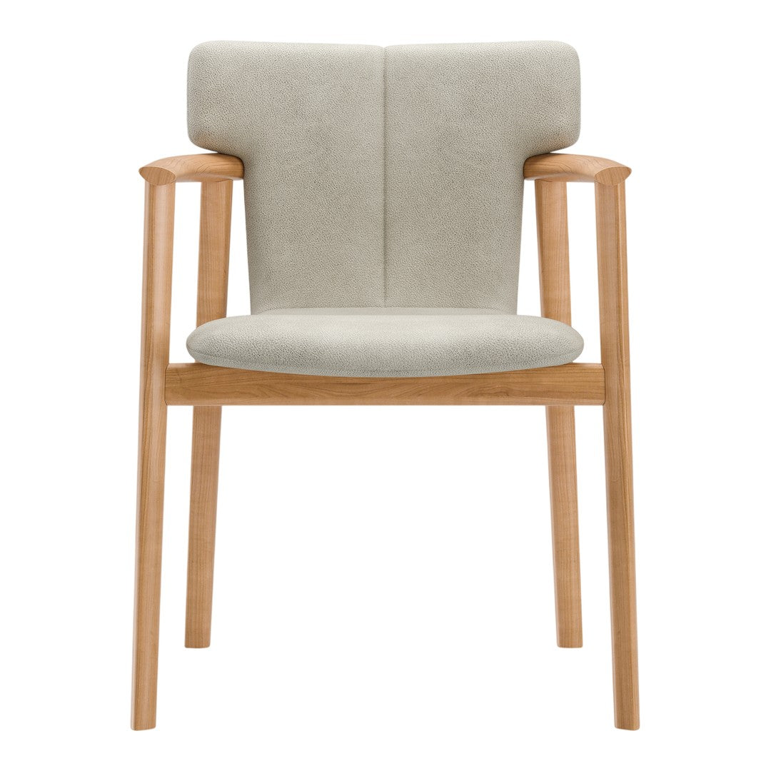 Light gray upholstered chair with a wooden frame, featuring a minimalist design and soft, modern lines.