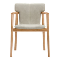 Light gray upholstered chair with a wooden frame, featuring a minimalist design and soft, modern lines.