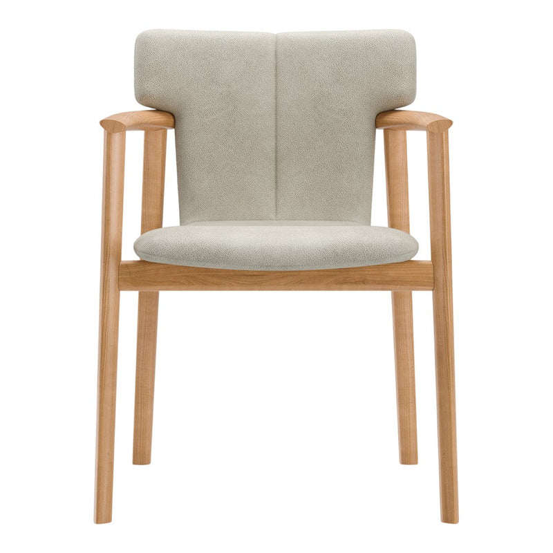 Light gray upholstered chair with a wooden frame, featuring a minimalist design and soft, modern lines.