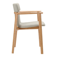 Beige upholstered armchair with light wood frame, featuring a minimalist design and smooth, clean lines.