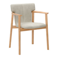 Gray upholstered chair with light wood armrests and legs, featuring a smooth, minimalistic design.