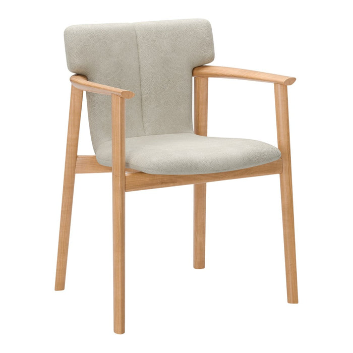 Gray upholstered chair with light wood armrests and legs, featuring a smooth, minimalistic design.