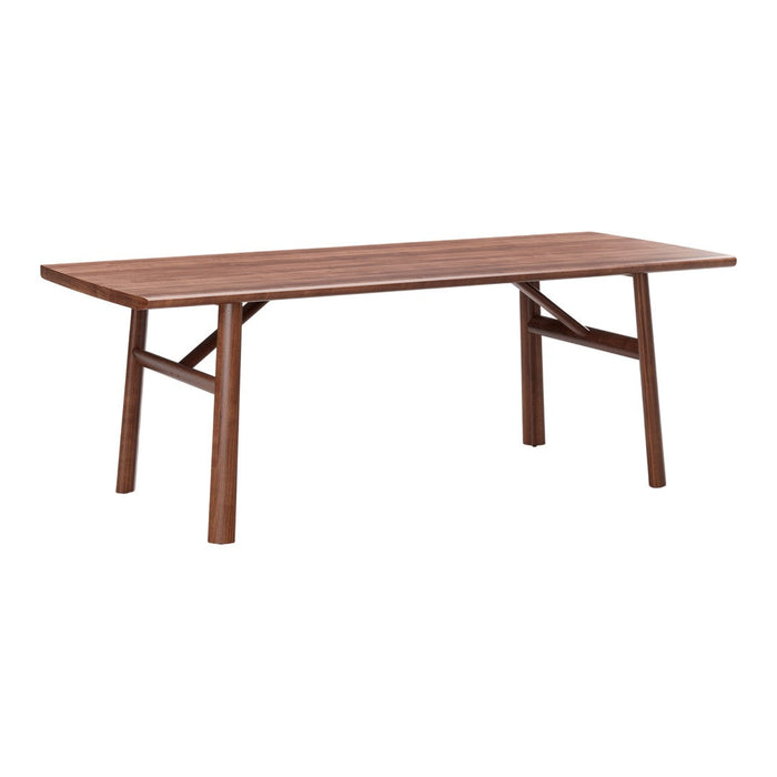 Wooden dining table in rich walnut finish with smooth surfaces and clean lines. Ideal for modern and rustic decor.