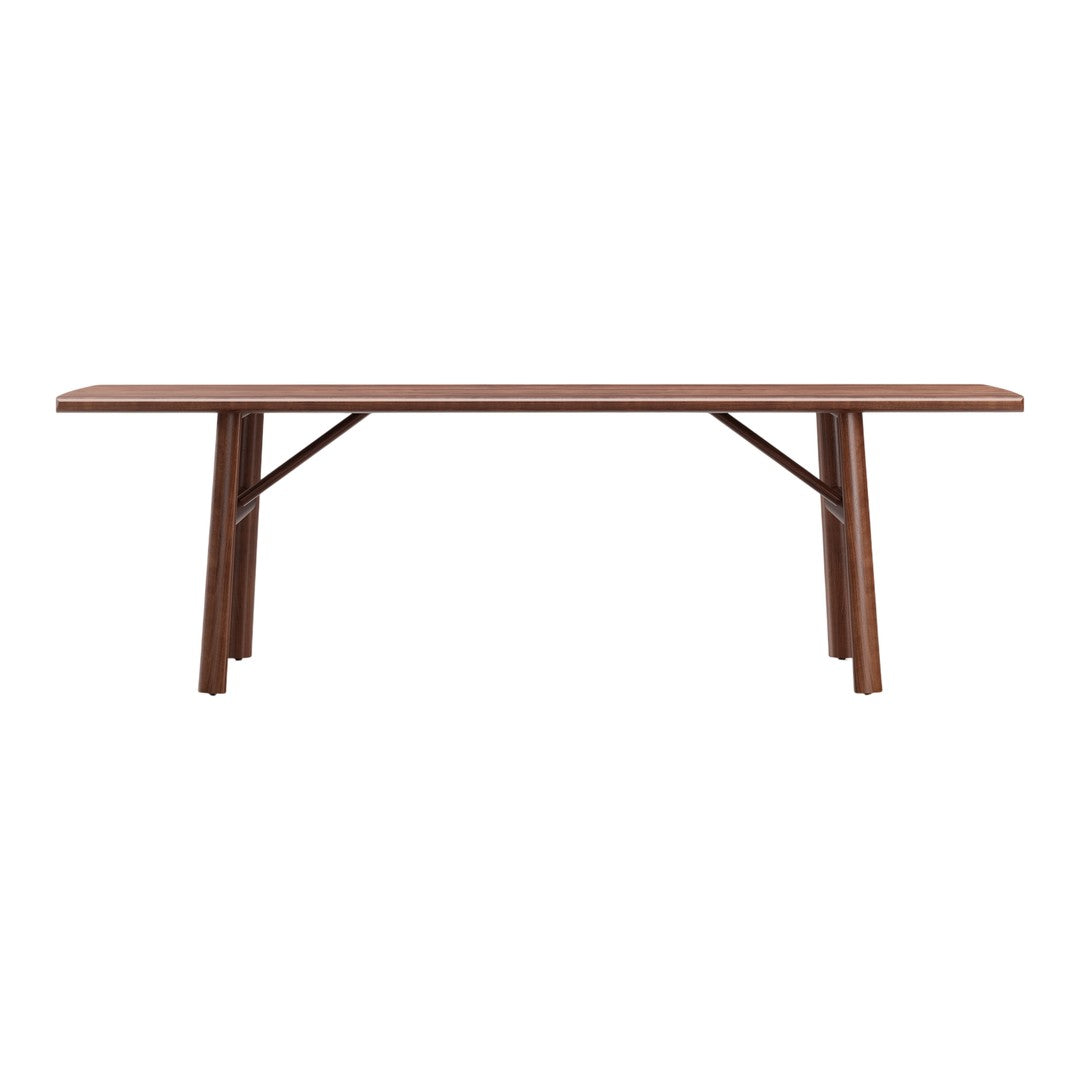 Brown wooden dining table with a sleek, minimalist design and clean lines, perfect for modern home decor.