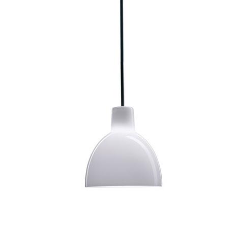 White pendant lamp with a rounded shape, featuring a sleek black hanging cord. Modern minimalist design.